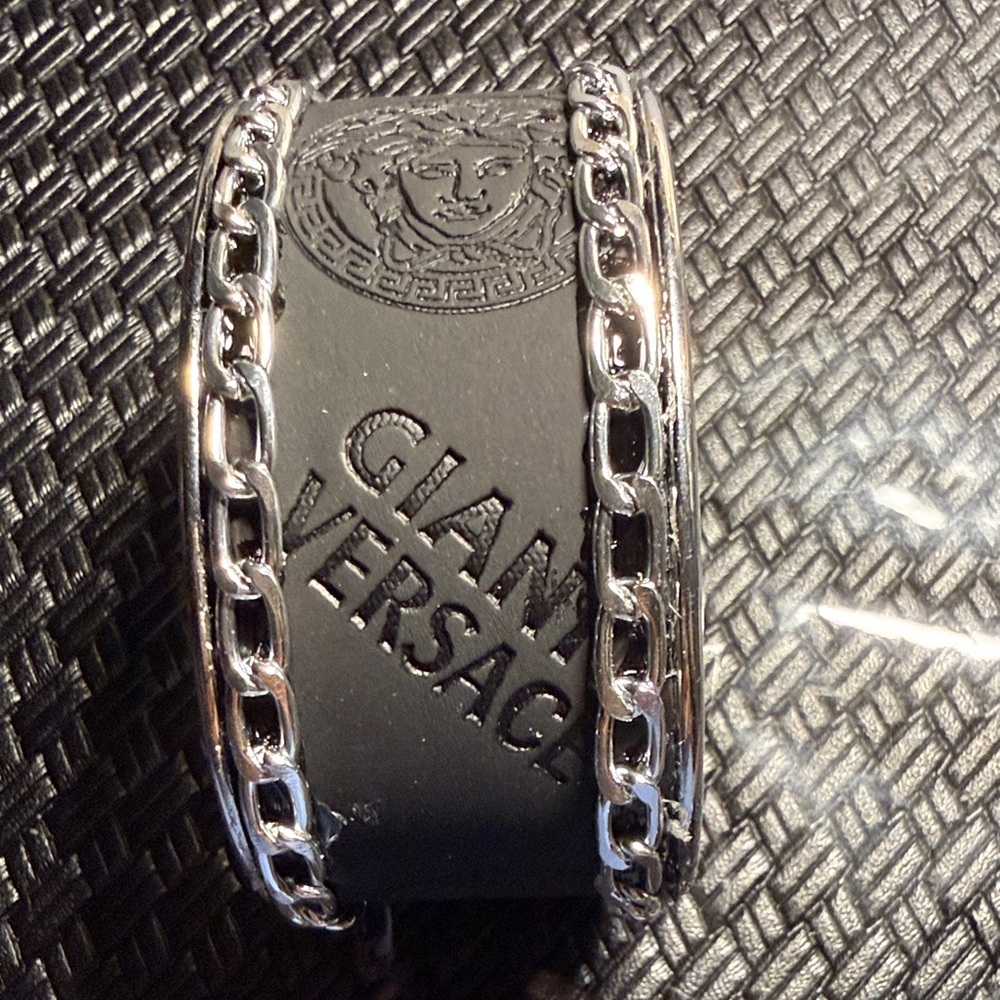 Versace Silver Men's Embossed Medusa Cuff with Chain Trim - Picture 3 of 3
